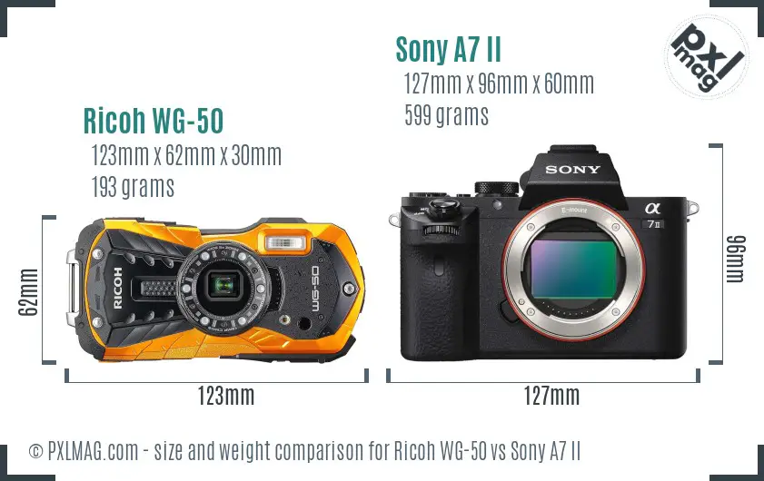 Ricoh WG-50 vs Sony A7 II size comparison