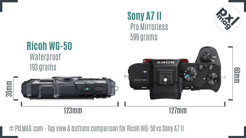Ricoh WG-50 vs Sony A7 II top view buttons comparison