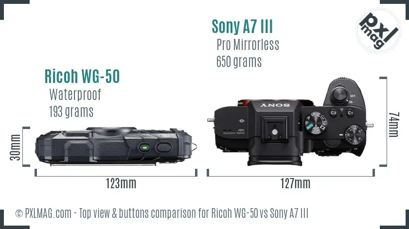 Ricoh WG-50 vs Sony A7 III top view buttons comparison