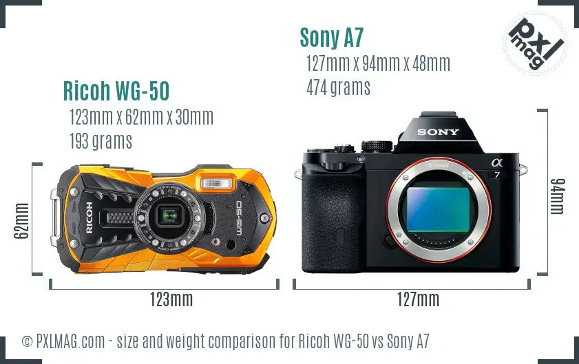 Ricoh WG-50 vs Sony A7 size comparison