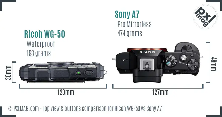 Ricoh WG-50 vs Sony A7 top view buttons comparison