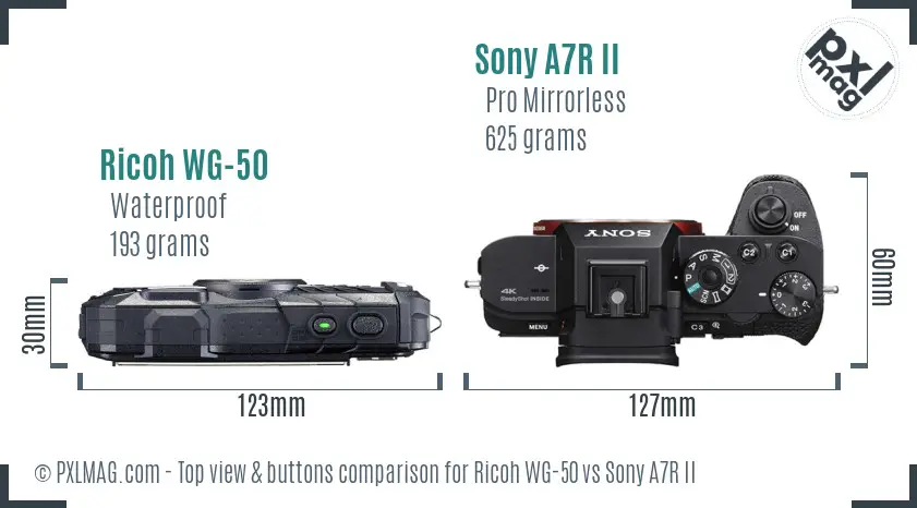 Ricoh WG-50 vs Sony A7R II top view buttons comparison