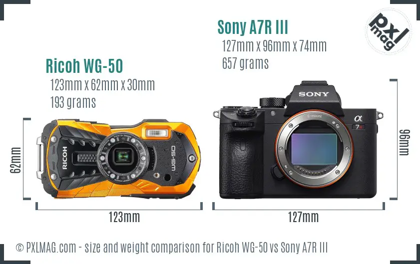 Ricoh WG-50 vs Sony A7R III size comparison