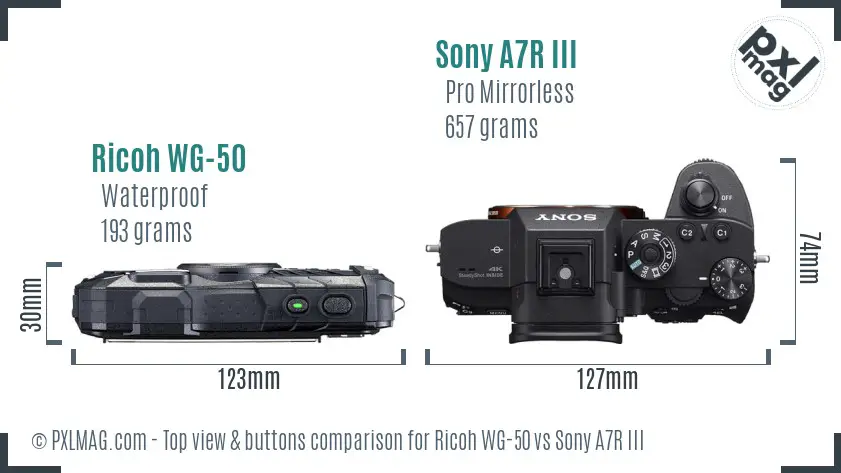 Ricoh WG-50 vs Sony A7R III top view buttons comparison