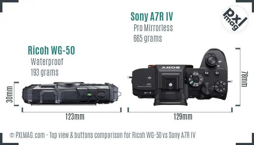 Ricoh WG-50 vs Sony A7R IV top view buttons comparison