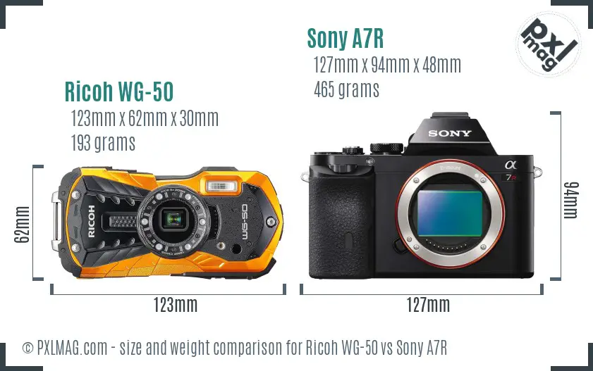 Ricoh WG-50 vs Sony A7R size comparison