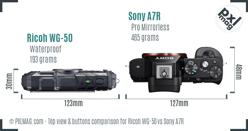 Ricoh WG-50 vs Sony A7R top view buttons comparison
