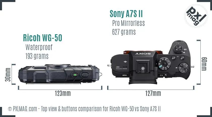 Ricoh WG-50 vs Sony A7S II top view buttons comparison