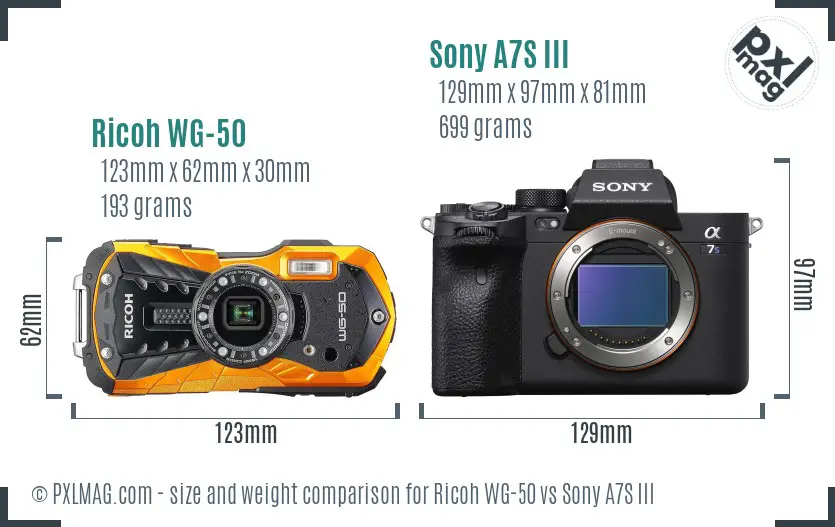 Ricoh WG-50 vs Sony A7S III size comparison