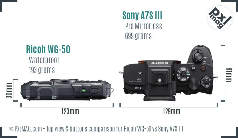 Ricoh WG-50 vs Sony A7S III top view buttons comparison