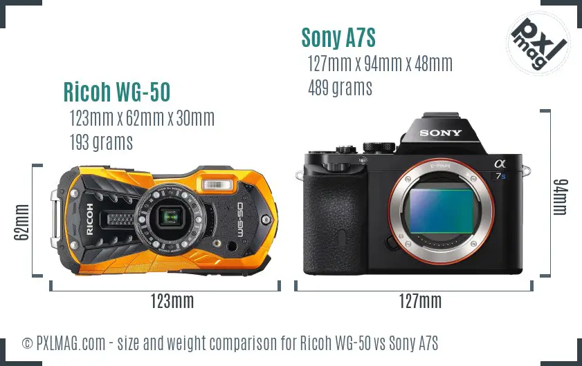 Ricoh WG-50 vs Sony A7S size comparison