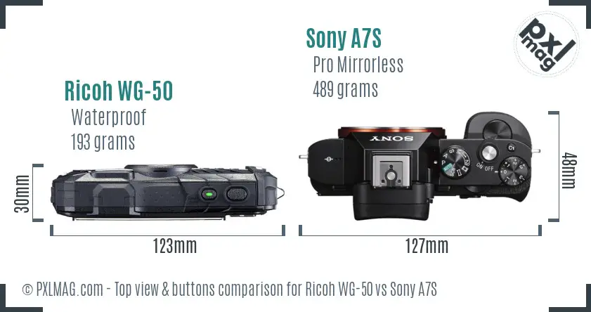 Ricoh WG-50 vs Sony A7S top view buttons comparison
