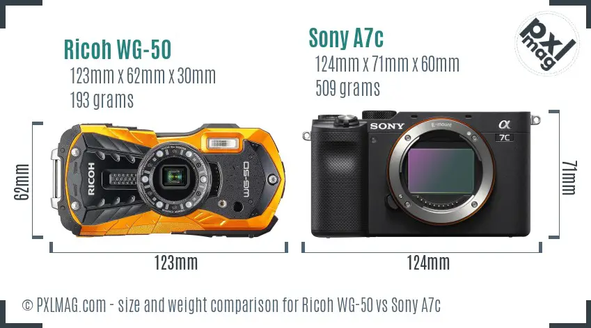 Ricoh WG-50 vs Sony A7c size comparison Ricoh WG-50 vs Sony A7c size comparison