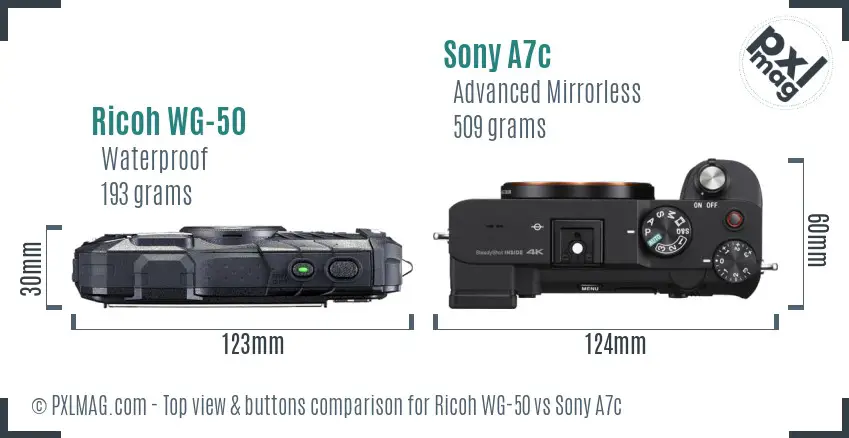 Ricoh WG-50 vs Sony A7c top view buttons comparison