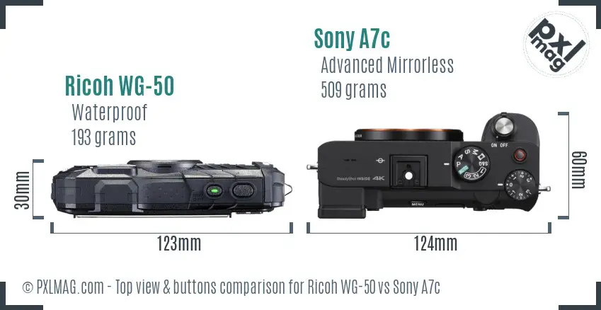 Ricoh WG-50 vs Sony A7c top view buttons comparison Ricoh WG-50 vs Sony A7c top view buttons comparison
