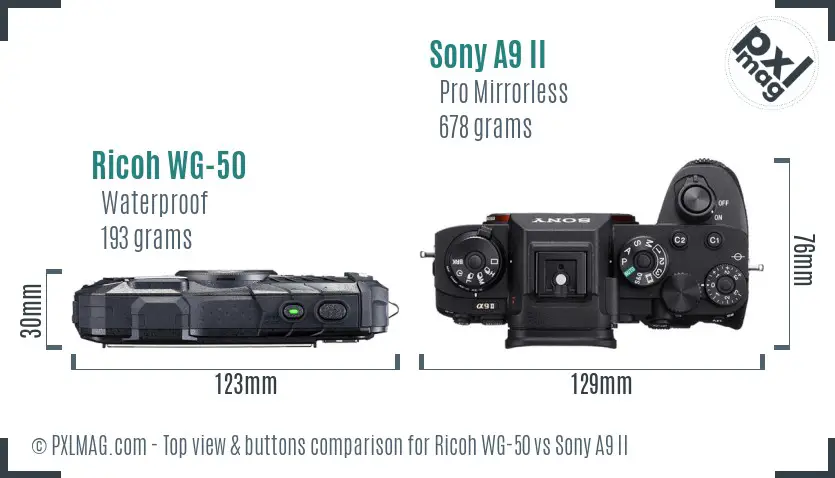 Ricoh WG-50 vs Sony A9 II top view buttons comparison