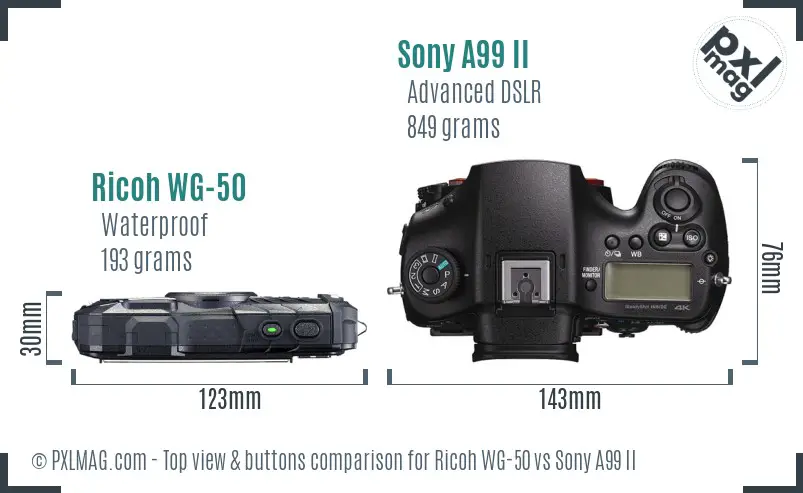 Ricoh WG-50 vs Sony A99 II top view buttons comparison