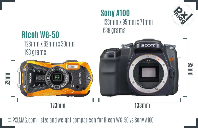 Ricoh WG-50 vs Sony A100 size comparison