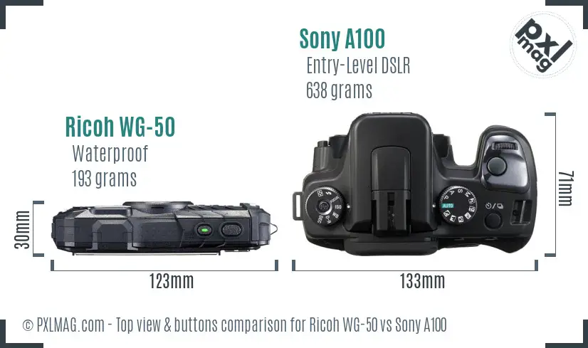 Ricoh WG-50 vs Sony A100 top view buttons comparison