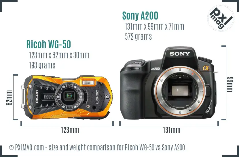 Ricoh WG-50 vs Sony A200 size comparison