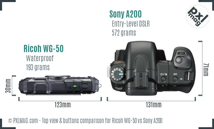 Ricoh WG-50 vs Sony A200 top view buttons comparison