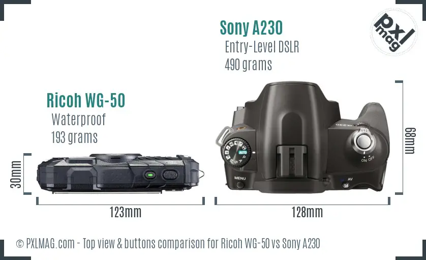 Ricoh WG-50 vs Sony A230 top view buttons comparison