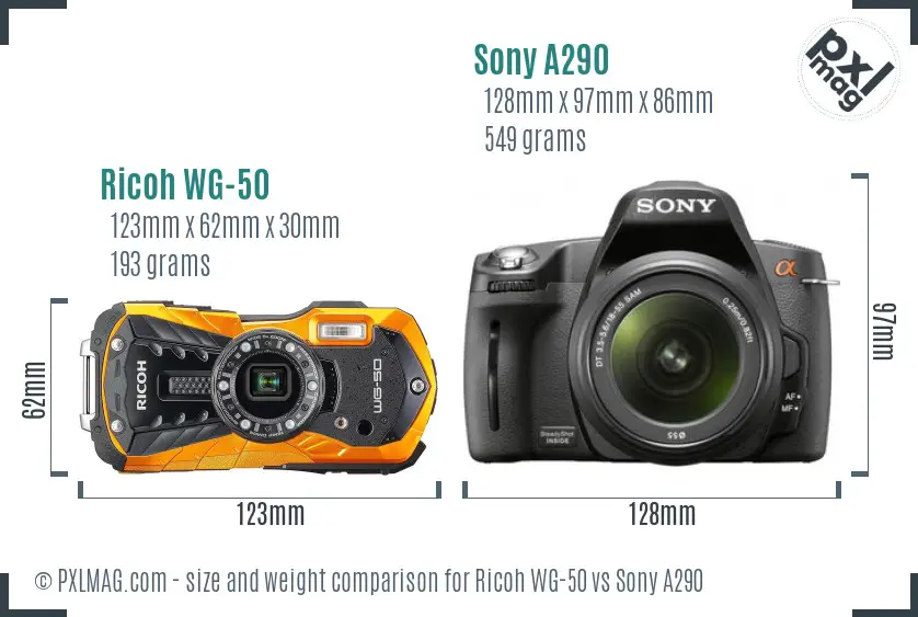 Ricoh WG-50 vs Sony A290 size comparison