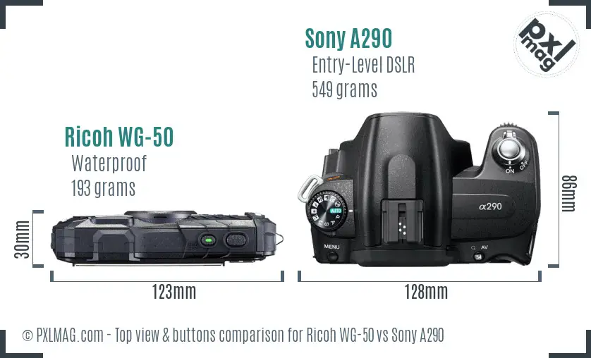 Ricoh WG-50 vs Sony A290 top view buttons comparison