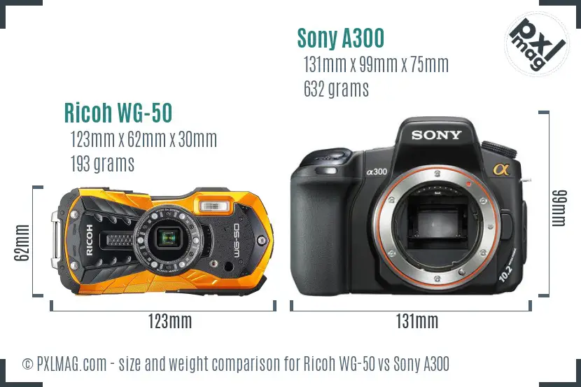 Ricoh WG-50 vs Sony A300 size comparison
