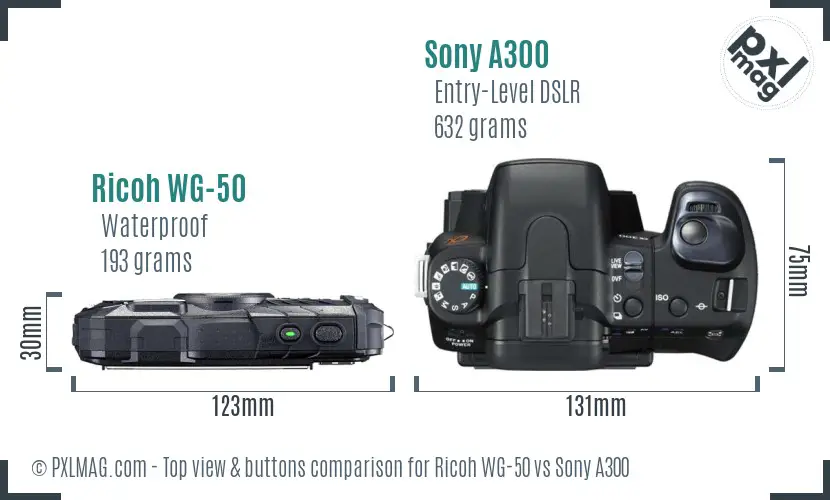 Ricoh WG-50 vs Sony A300 top view buttons comparison