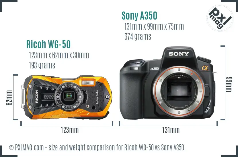 Ricoh WG-50 vs Sony A350 size comparison