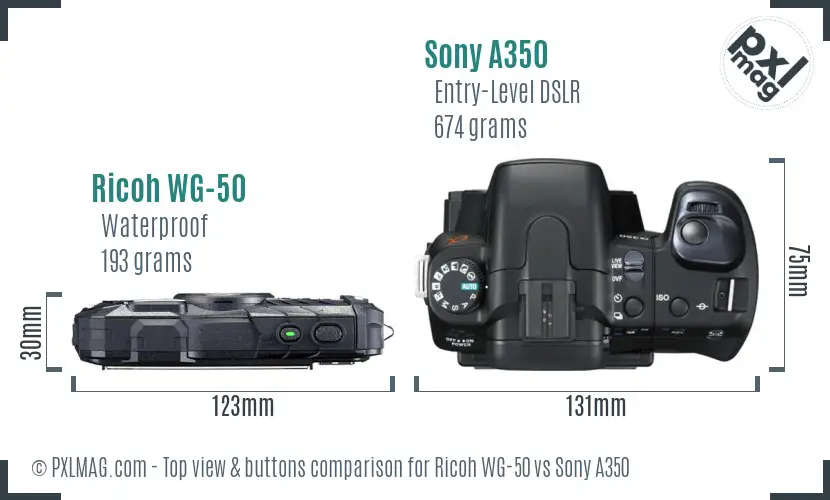 Ricoh WG-50 vs Sony A350 top view buttons comparison