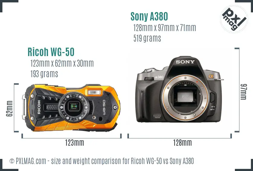 Ricoh WG-50 vs Sony A380 size comparison