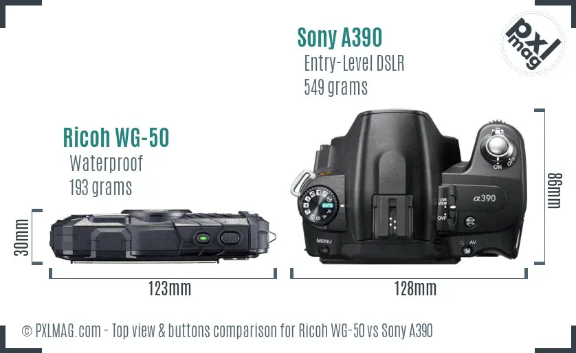 Ricoh WG-50 vs Sony A390 top view buttons comparison