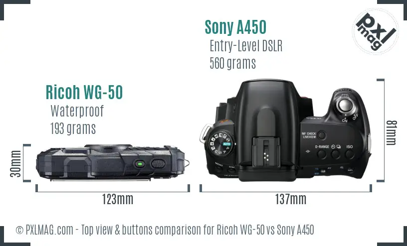 Ricoh WG-50 vs Sony A450 top view buttons comparison