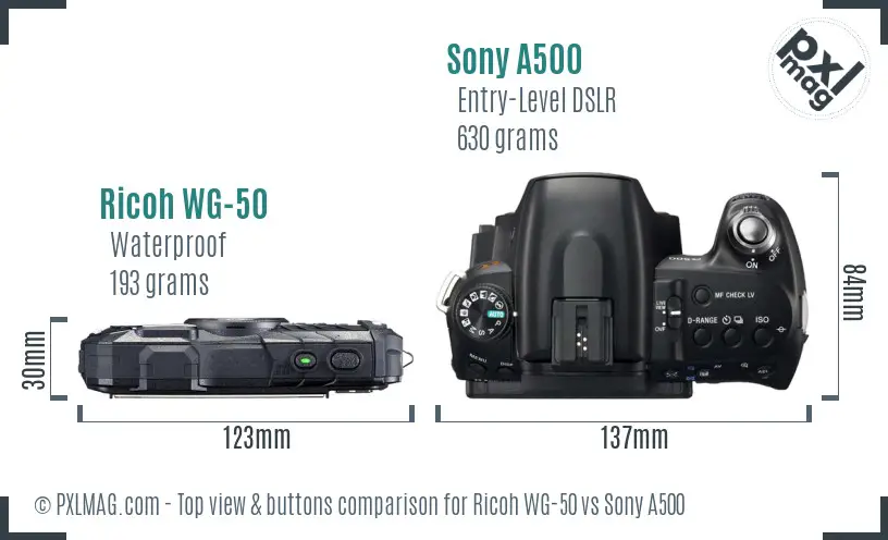 Ricoh WG-50 vs Sony A500 top view buttons comparison