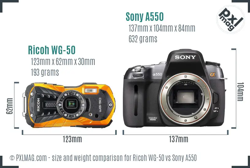 Ricoh WG-50 vs Sony A550 size comparison