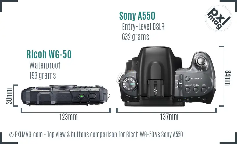 Ricoh WG-50 vs Sony A550 top view buttons comparison