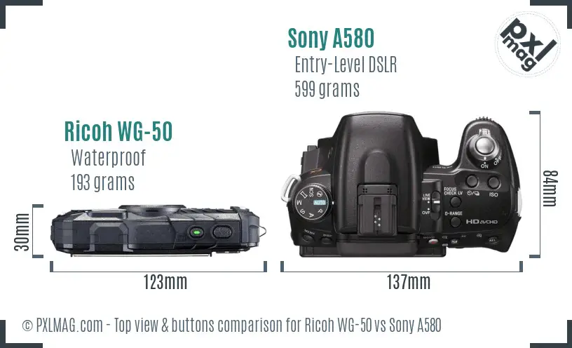 Ricoh WG-50 vs Sony A580 top view buttons comparison