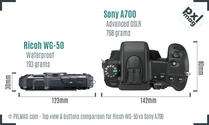 Ricoh WG-50 vs Sony A700 top view buttons comparison