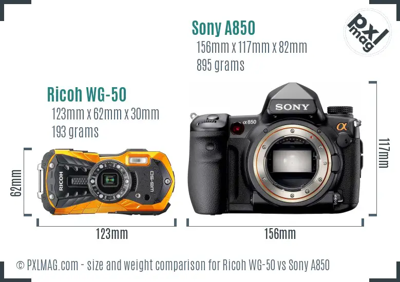 Ricoh WG-50 vs Sony A850 size comparison