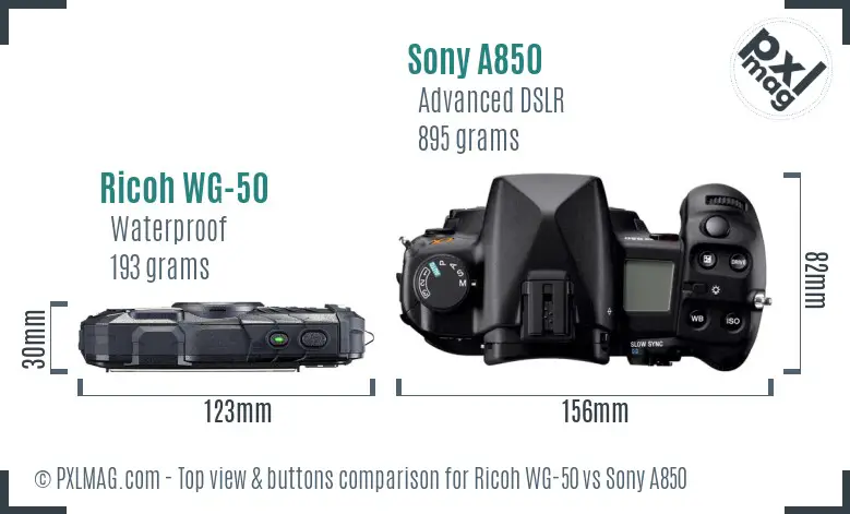 Ricoh WG-50 vs Sony A850 top view buttons comparison