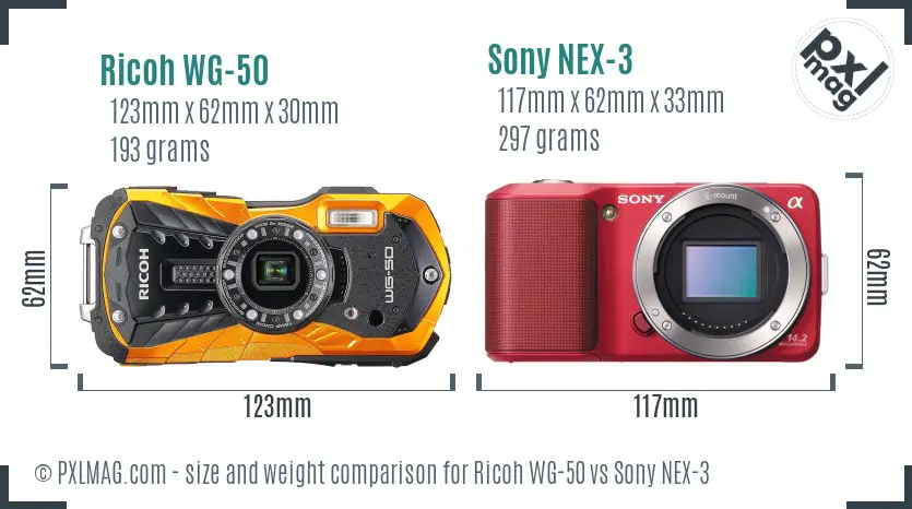 Ricoh WG-50 vs Sony NEX-3 size comparison
