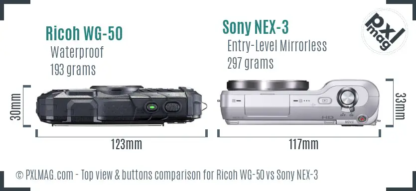 Ricoh WG-50 vs Sony NEX-3 top view buttons comparison
