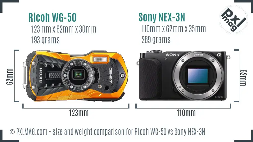 Ricoh WG-50 vs Sony NEX-3N size comparison