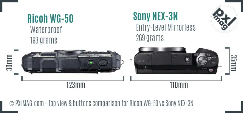 Ricoh WG-50 vs Sony NEX-3N top view buttons comparison