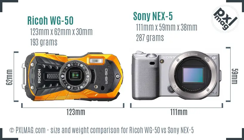 Ricoh WG-50 vs Sony NEX-5 size comparison