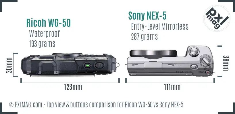 Ricoh WG-50 vs Sony NEX-5 top view buttons comparison