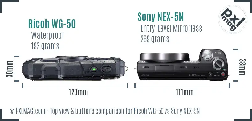 Ricoh WG-50 vs Sony NEX-5N top view buttons comparison