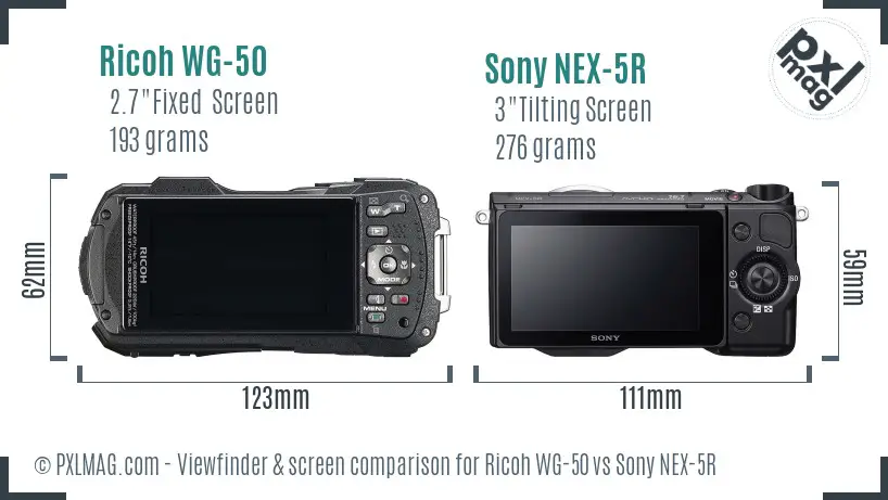 Ricoh WG-50 vs Sony NEX-5R Screen and Viewfinder comparison